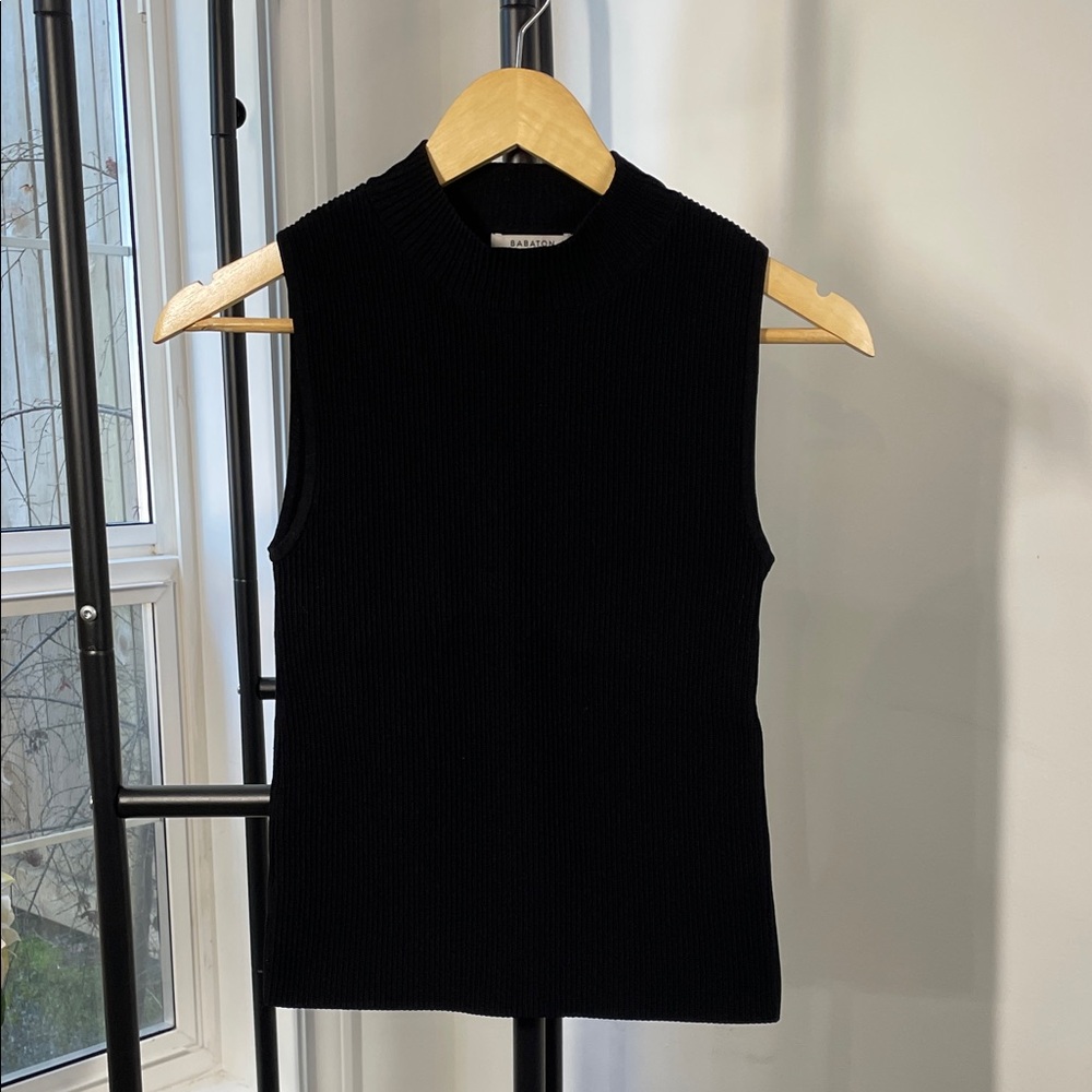 Babaton Black Ribbed Knit High Neck Top